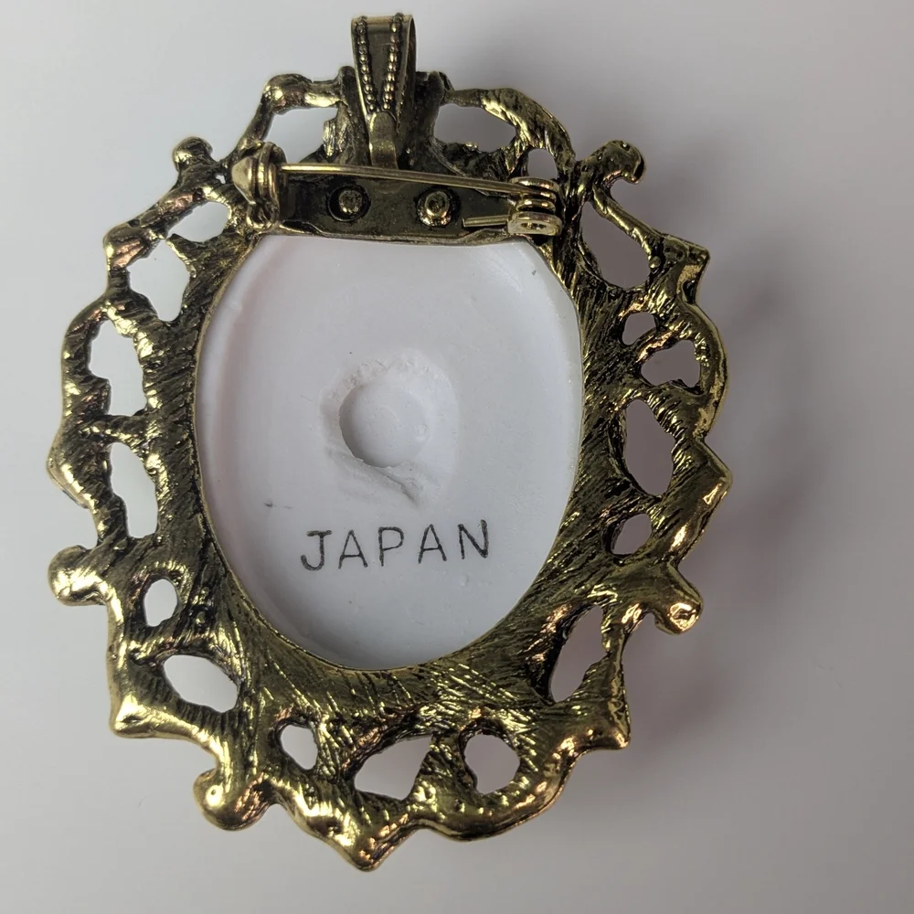 Vintage Gold and White Porcelain Cameo Brooch And Pendant Marked Japan